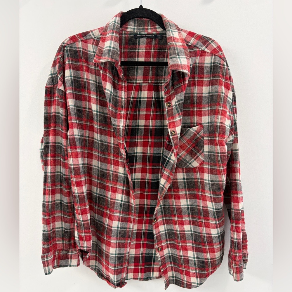 Brandy Melville Red Button Up Plaid Flannel Shirt